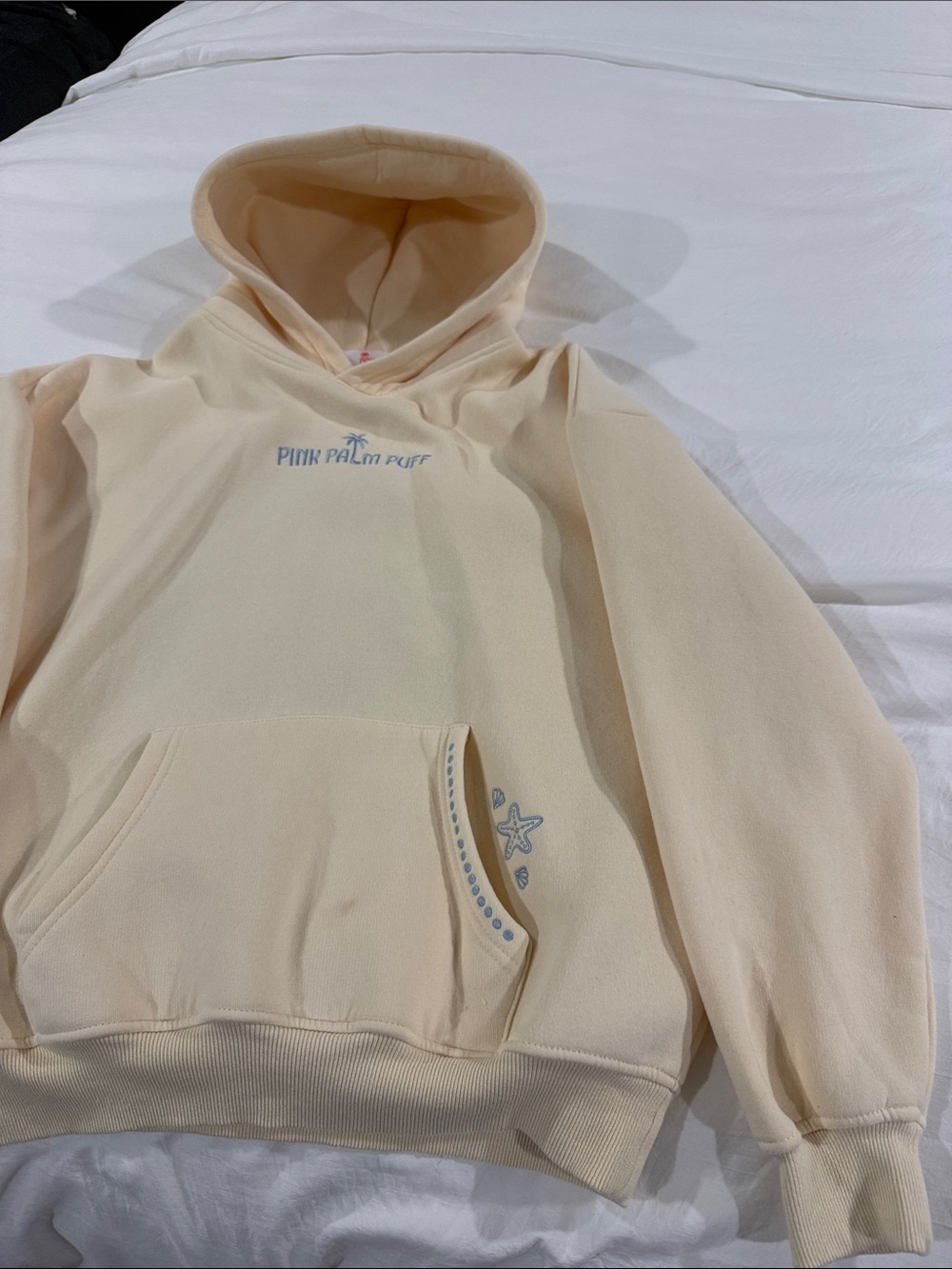 PINK Palm Puff Cream Dog Hoodie with Blue Logo - Picture 6 of 9